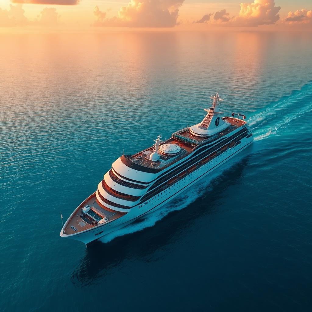 Navio de cruzeiro navegando ao pôr do sol
