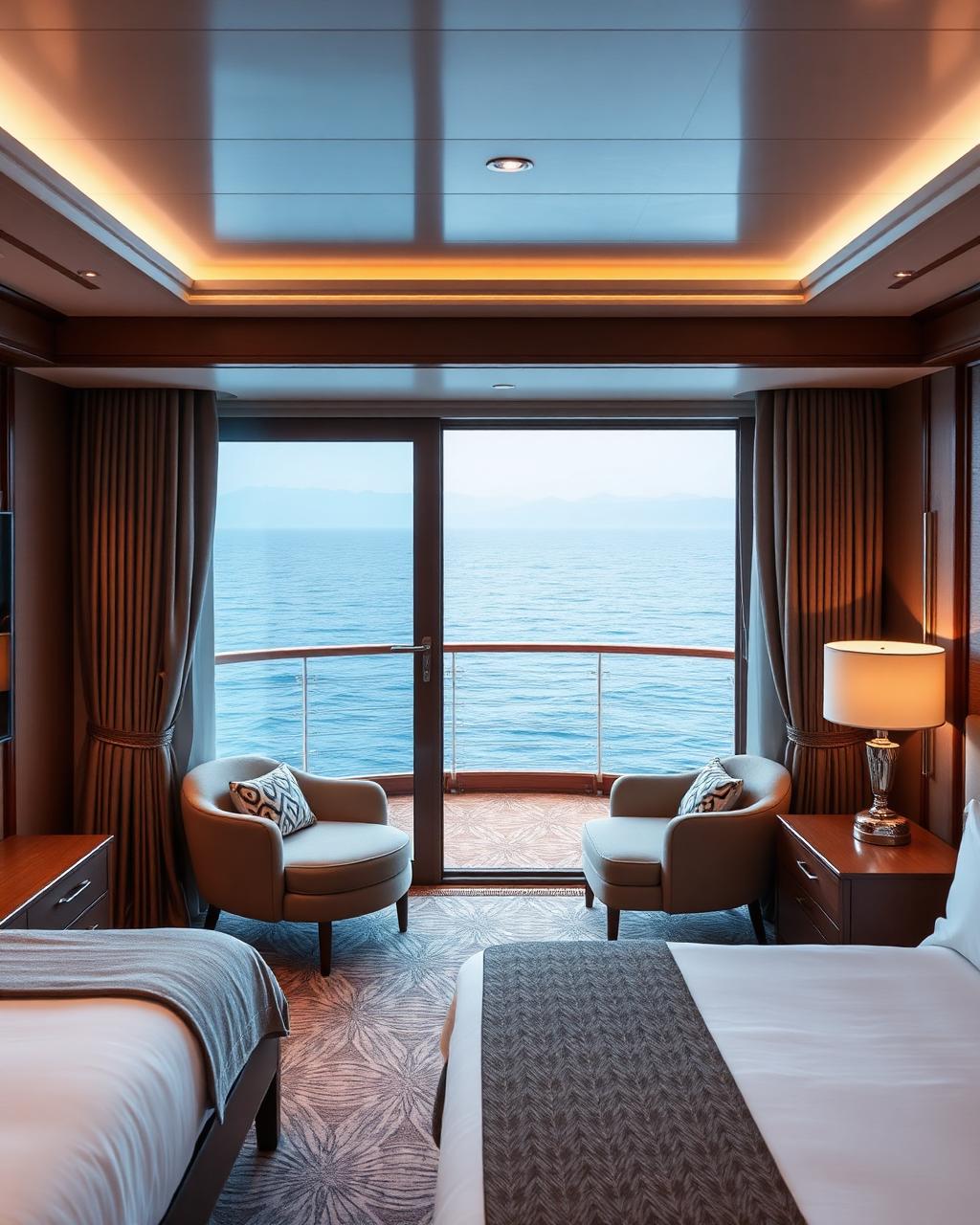 Cabine de luxo com vista para o oceano